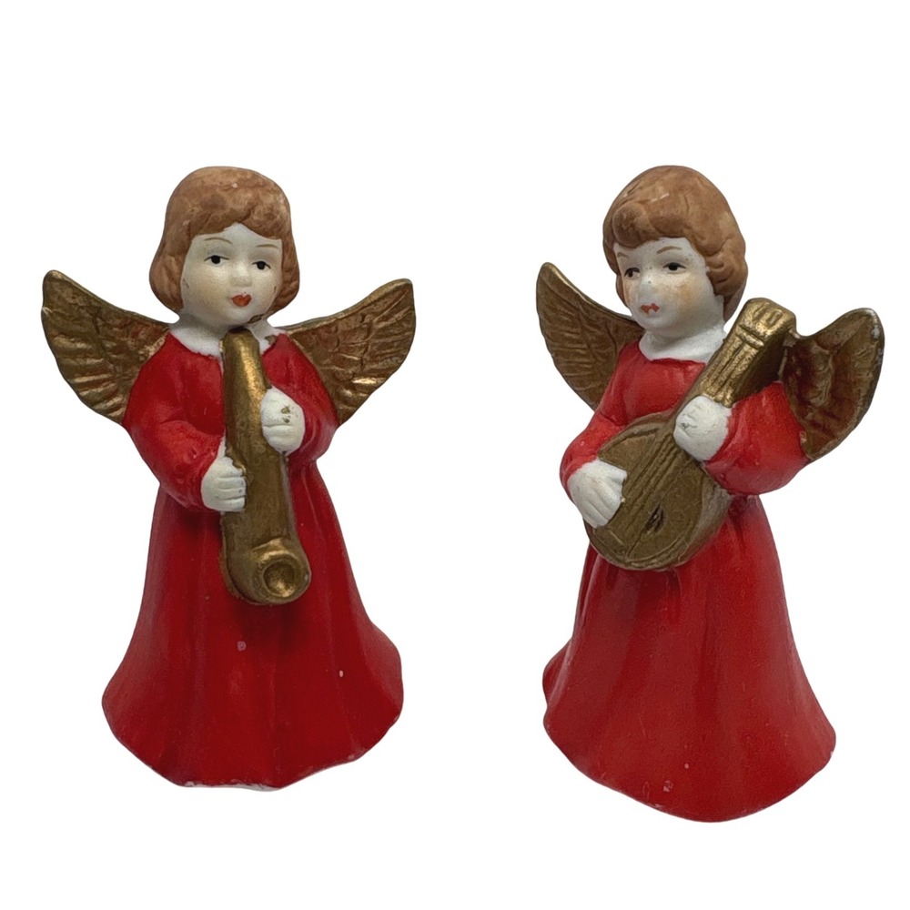 Ceramic Musical Angel Figurines Red and Gold Christmas Decor Set of 2 Vintage